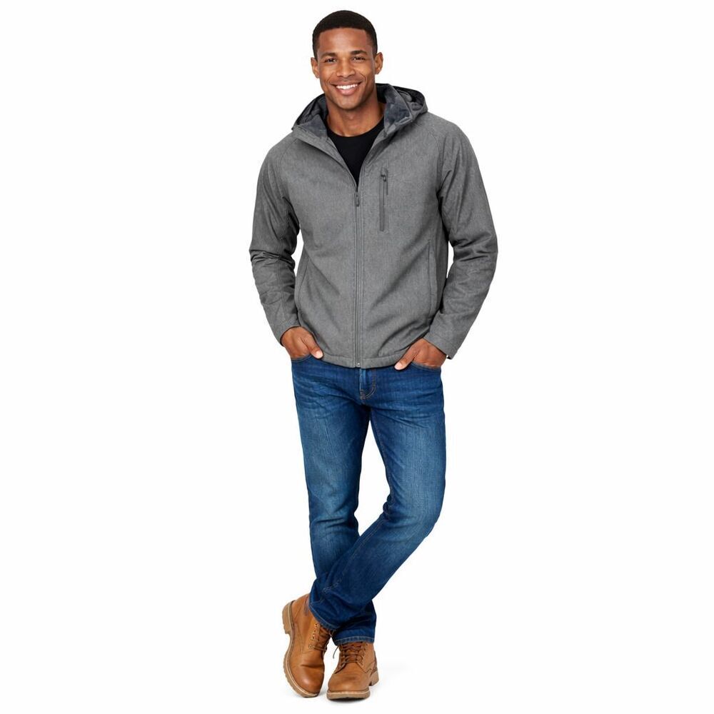 Kirkland Signature Mens XL Gray Softshell Jacket Fleece Lined Full Zip Hood